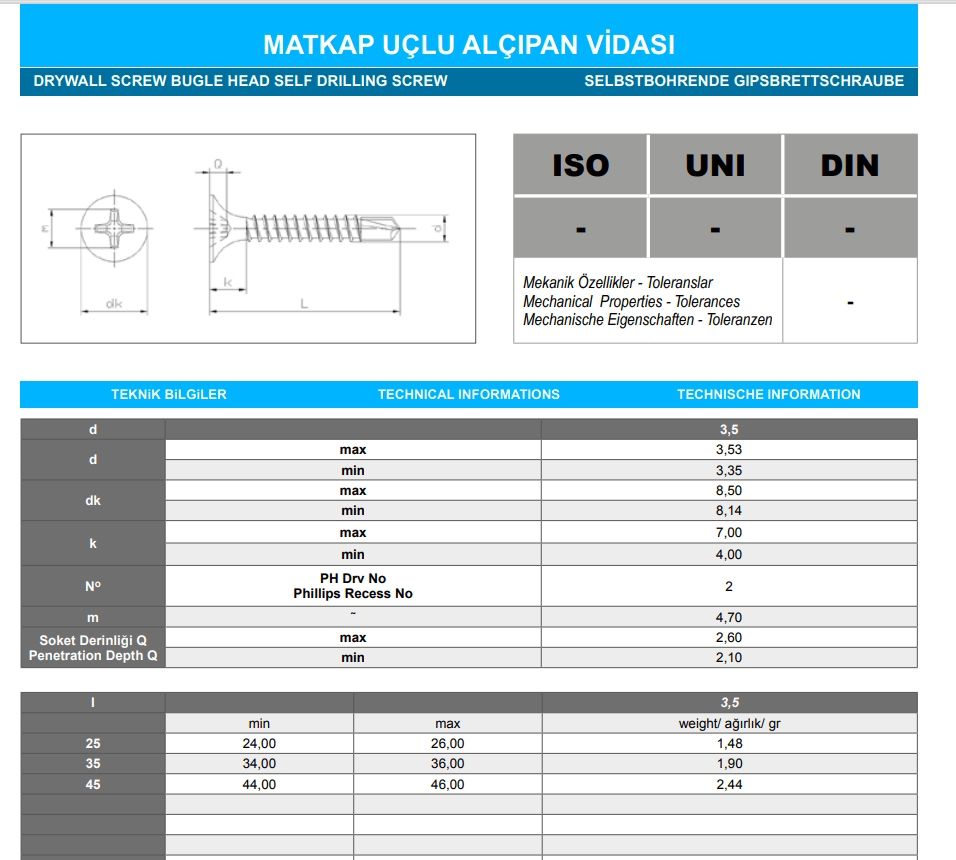 3.5X25 Alçıpan Vidası Matkap Uçlu